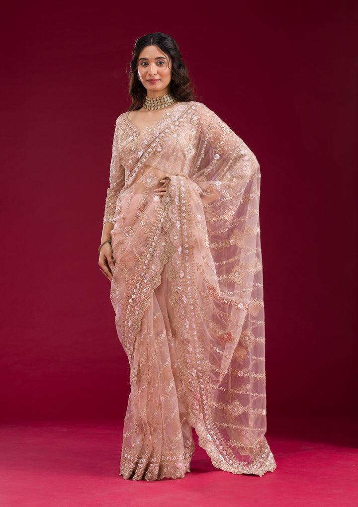 Light Peach Stonework Net Saree