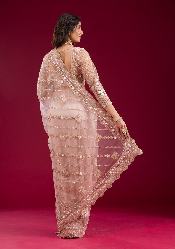Light Peach Stonework Net Saree