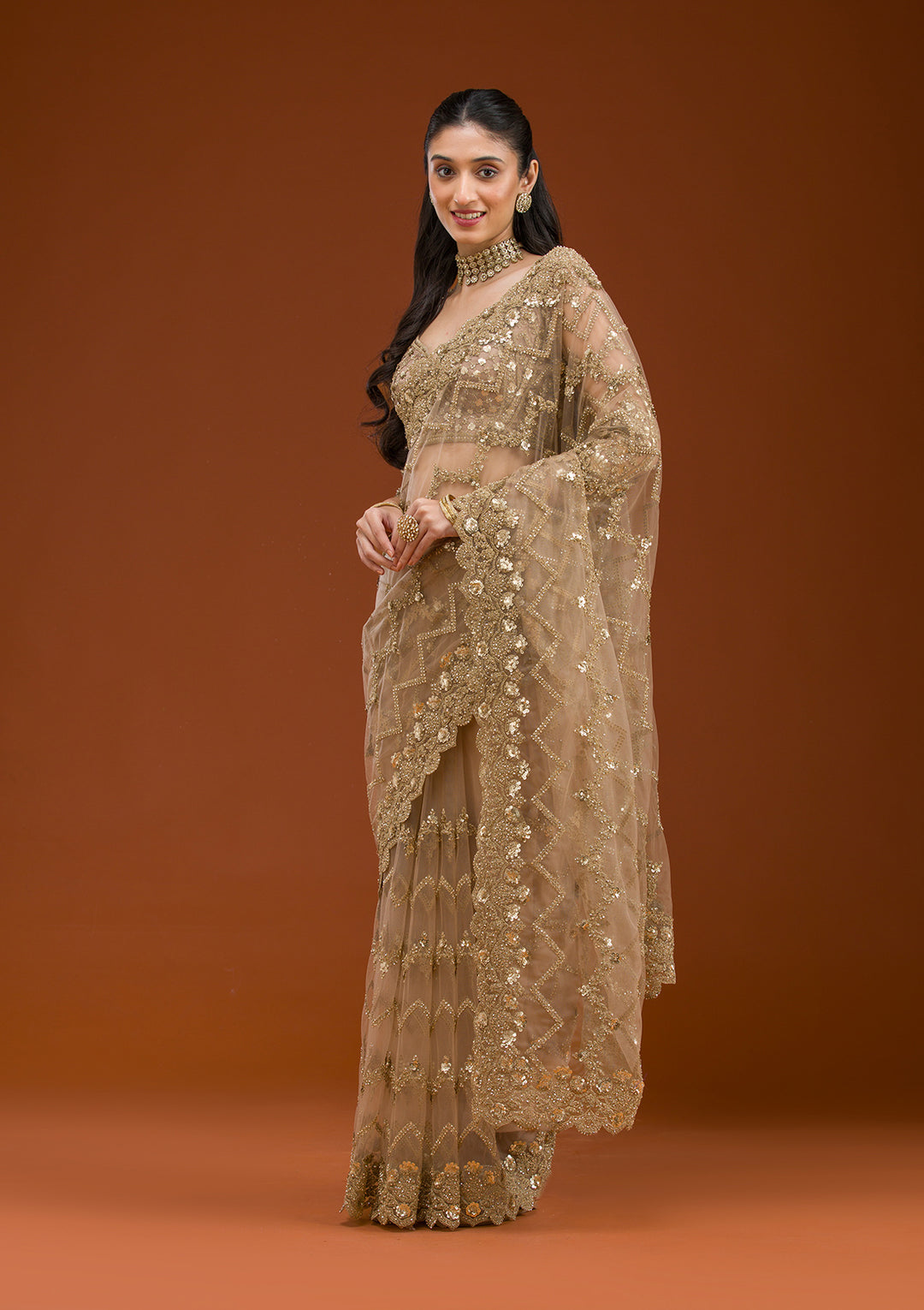 Beige Stonework Net Saree