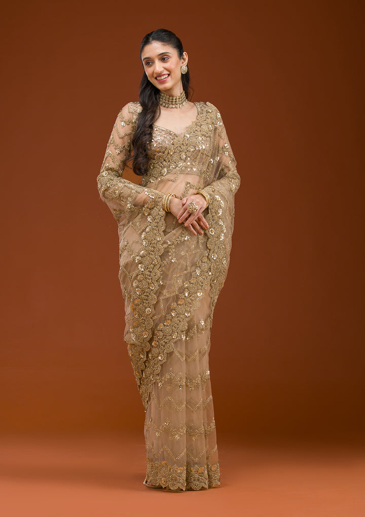 Beige Stonework Net Saree