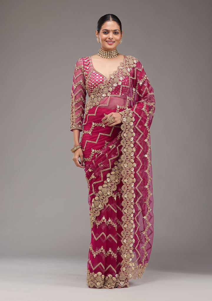 Rani Pink Stonework Net Saree