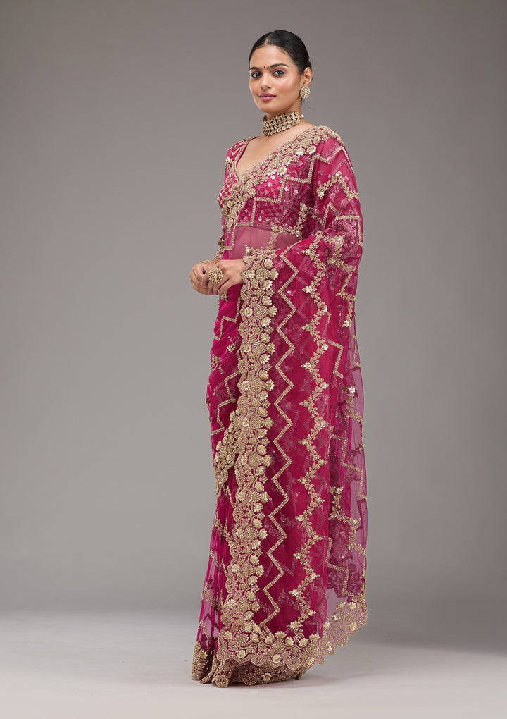 Rani Pink Stonework Net Saree