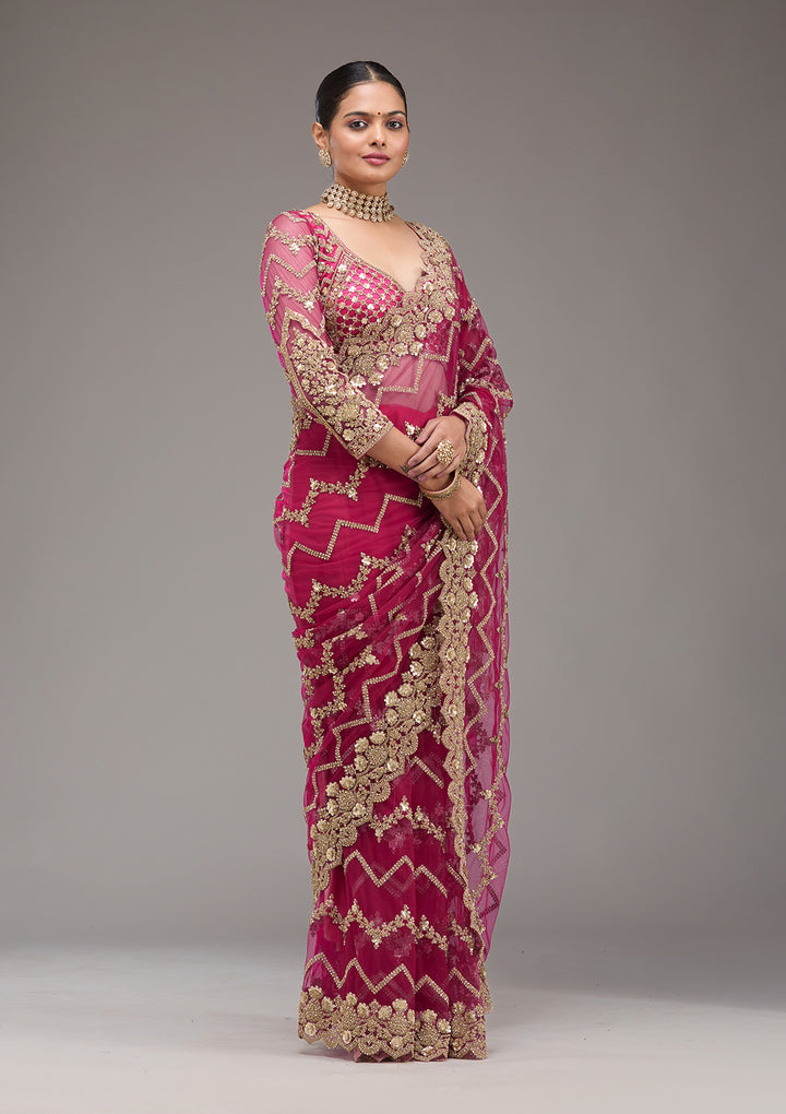 Rani Pink Stonework Net Saree