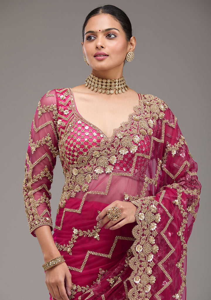 Rani Pink Stonework Net Saree