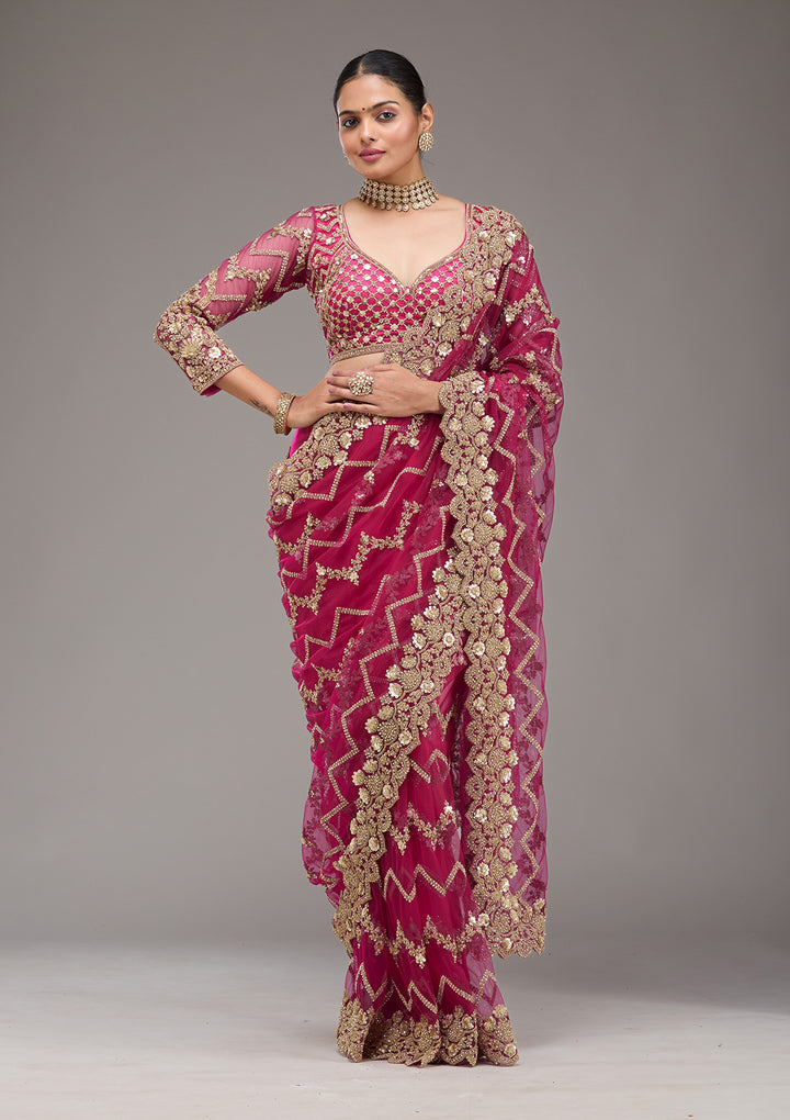 Rani Pink Stonework Net Saree