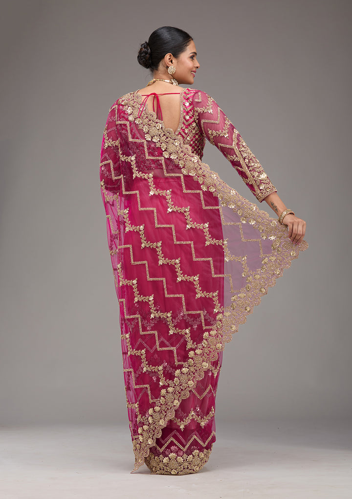 Rani Pink Stonework Net Saree