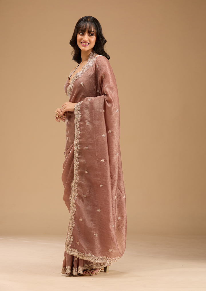 Brown Gold Zariwork Tissue Saree