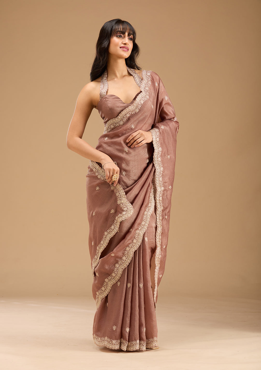 Brown Gold Zariwork Tissue Saree