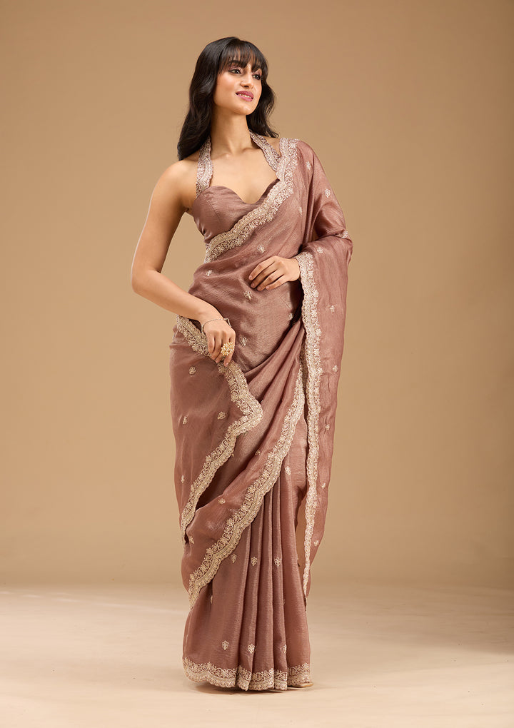 Brown Gold Zariwork Tissue Saree