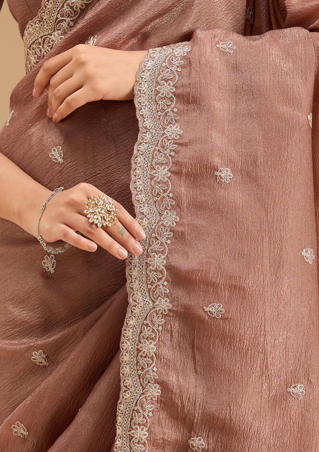 Brown Gold Zariwork Tissue Saree