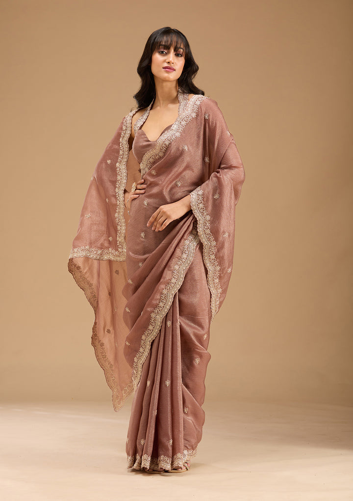 Brown Gold Zariwork Tissue Saree