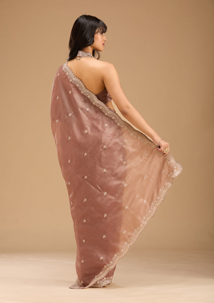 Brown Gold Zariwork Tissue Saree