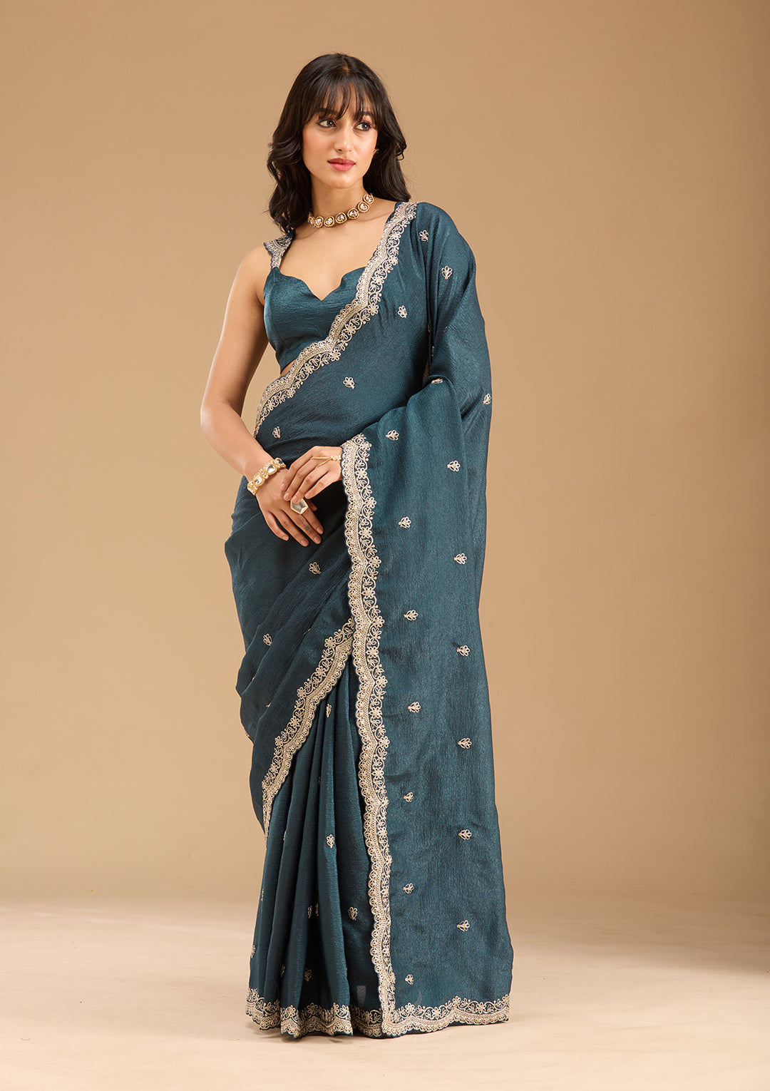 Peacock Blue Gold Zariwork Tissue Saree