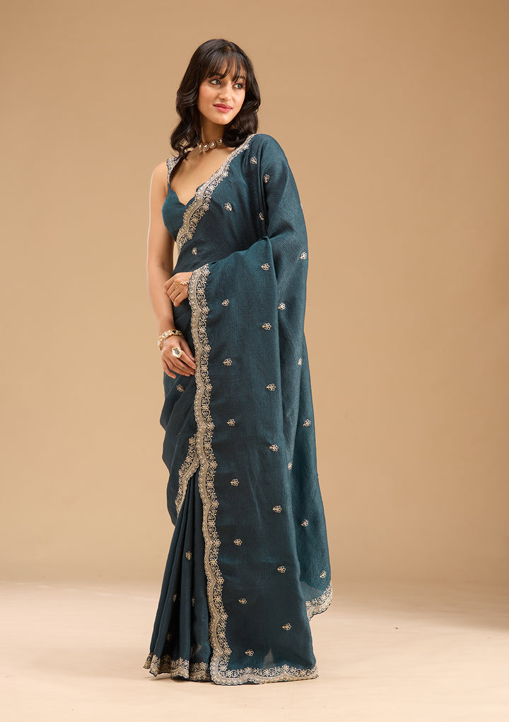Peacock Blue Gold Zariwork Tissue Saree