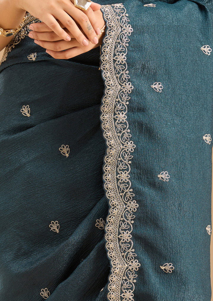 Peacock Blue Gold Zariwork Tissue Saree