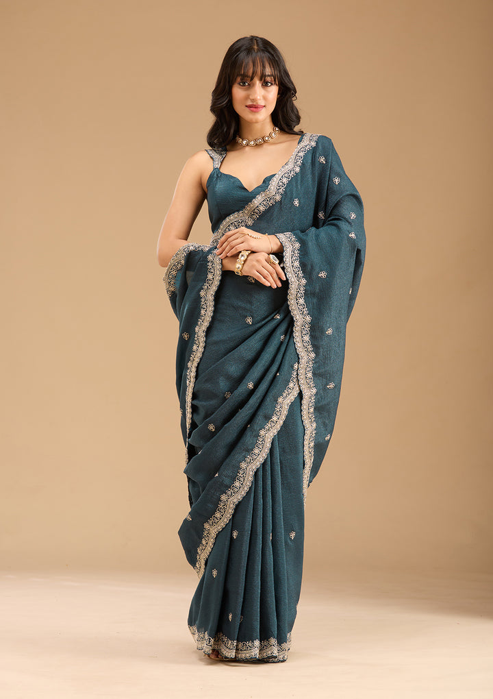 Peacock Blue Gold Zariwork Tissue Saree