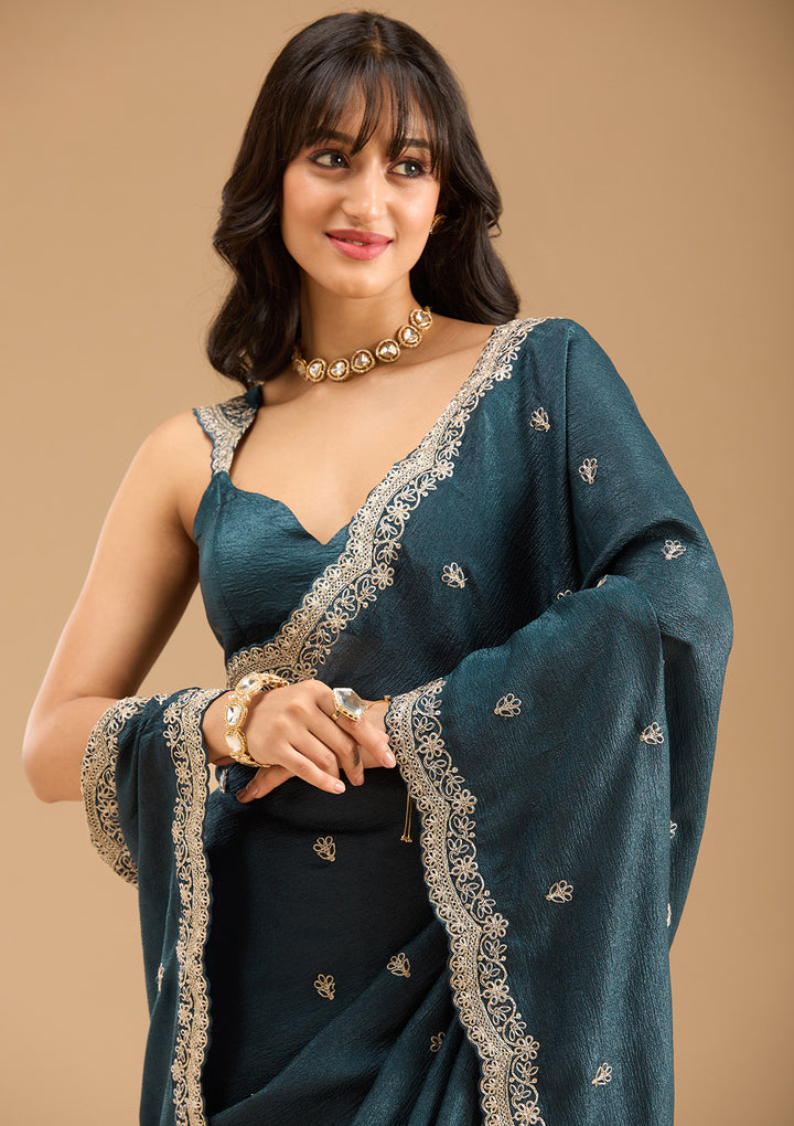 Peacock Blue Gold Zariwork Tissue Saree