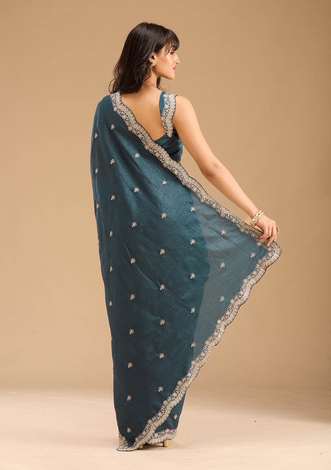 Peacock Blue Gold Zariwork Tissue Saree