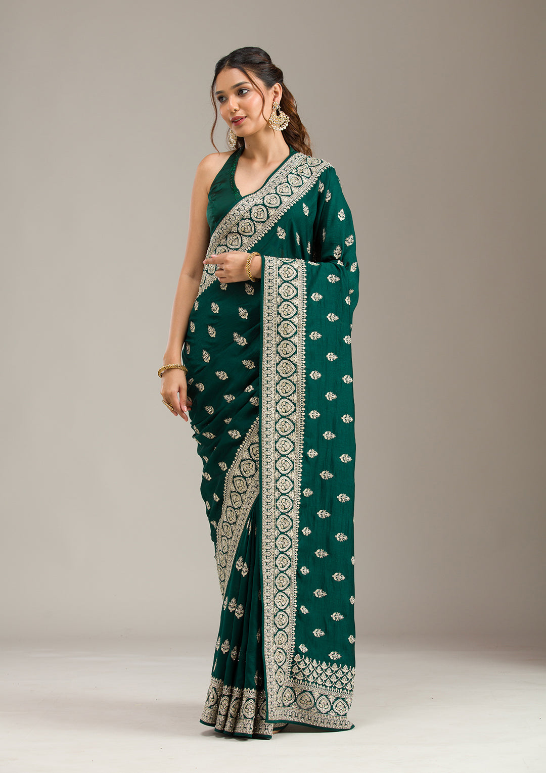 Bottle Green Stonework Chiffon Saree