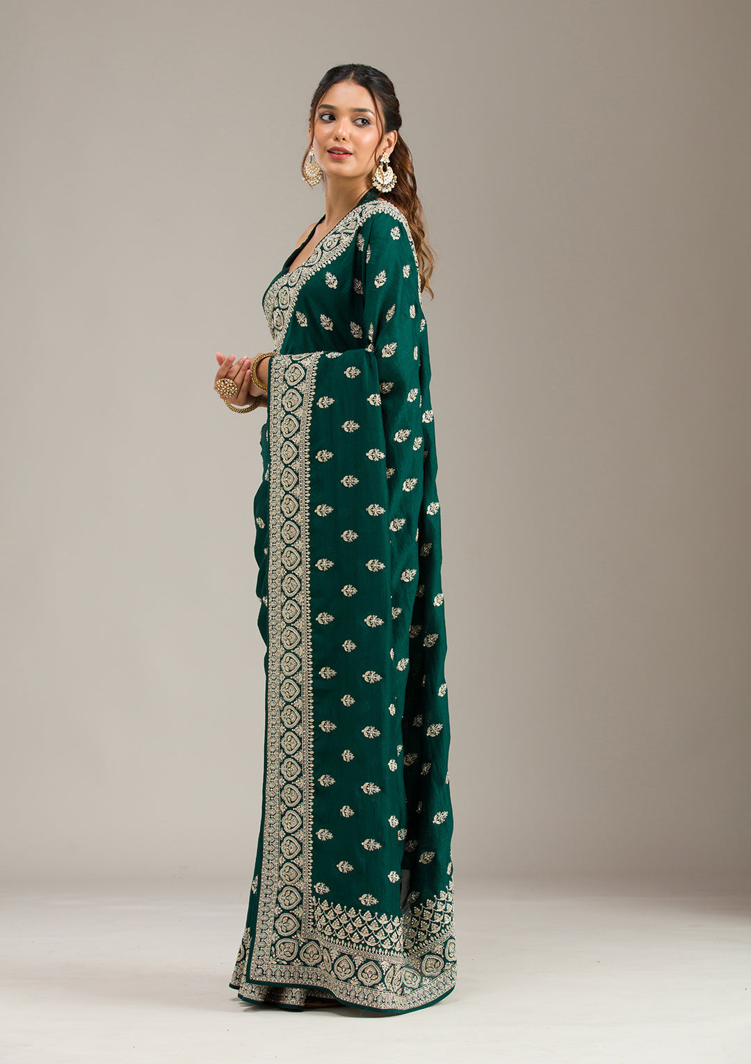 Bottle Green Stonework Chiffon Saree