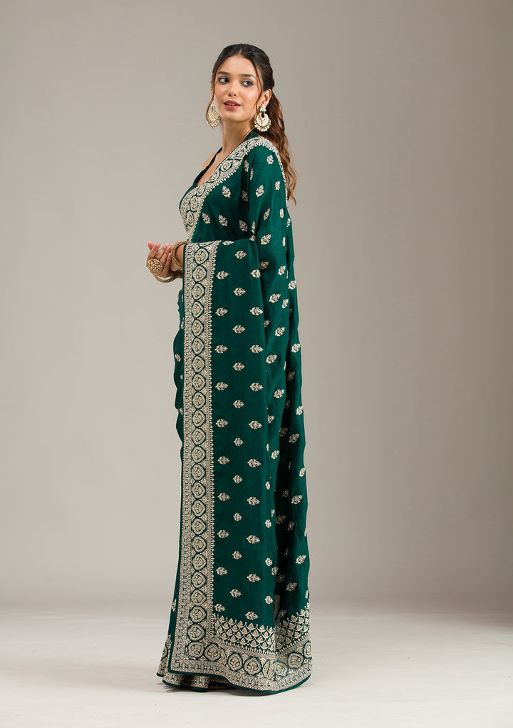Bottle Green Stonework Chiffon Saree
