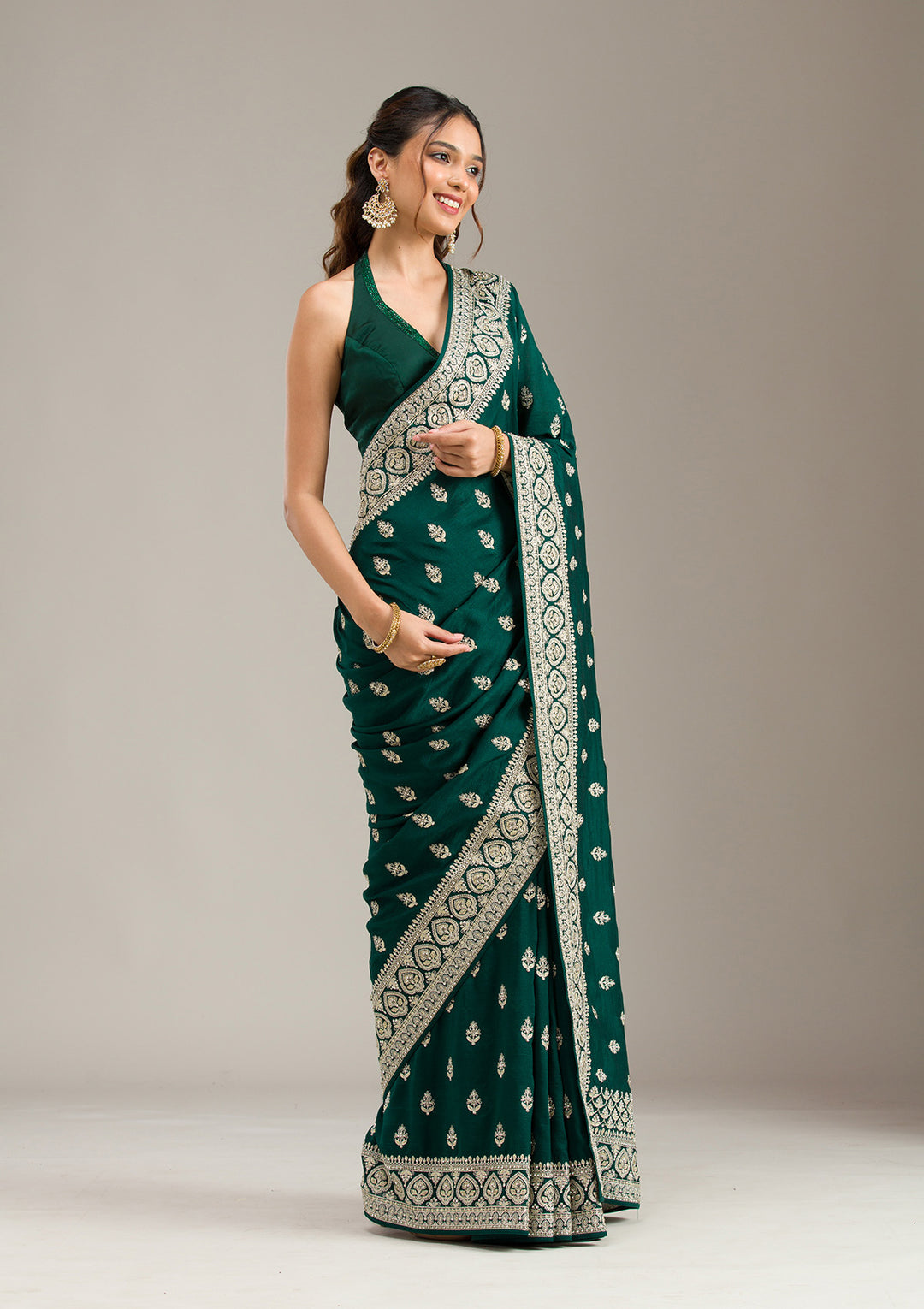 Bottle Green Stonework Chiffon Saree