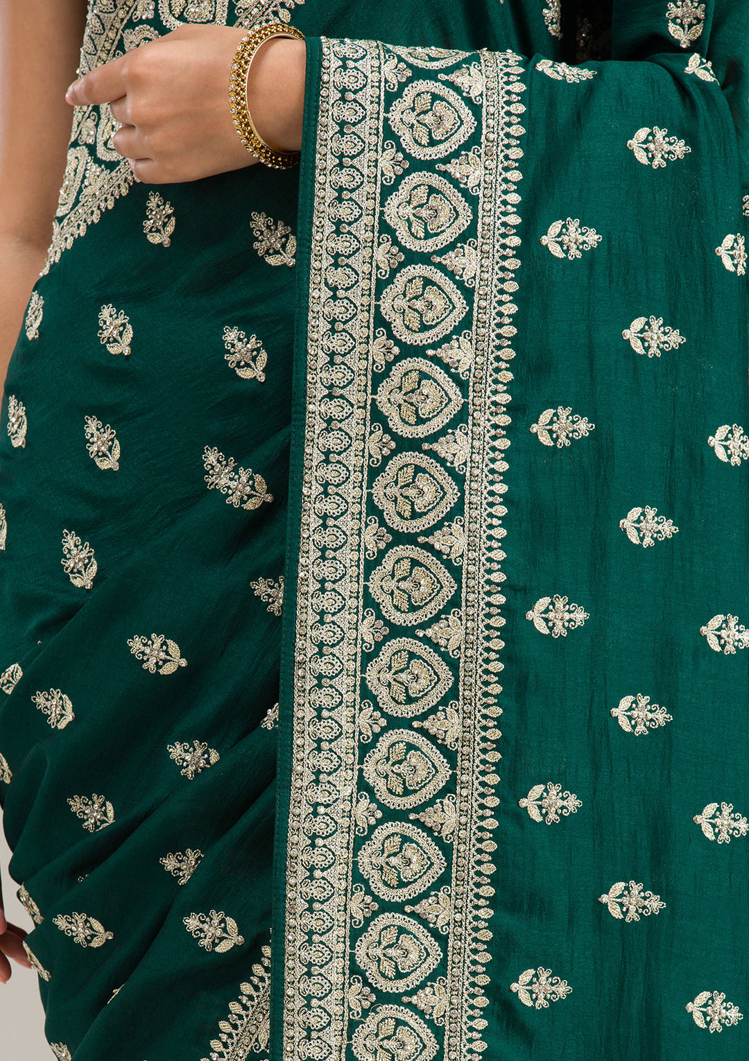 Bottle Green Stonework Chiffon Saree