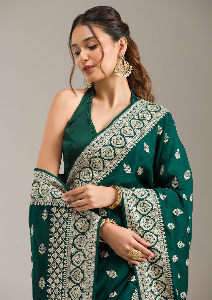 Bottle Green Stonework Chiffon Saree