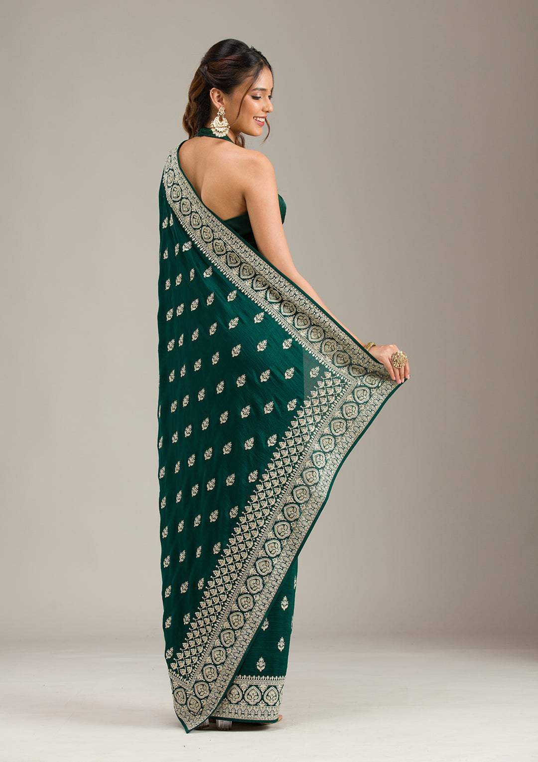 Bottle Green Stonework Chiffon Saree