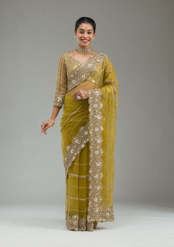 Mehendi Zariwork Tissue Saree