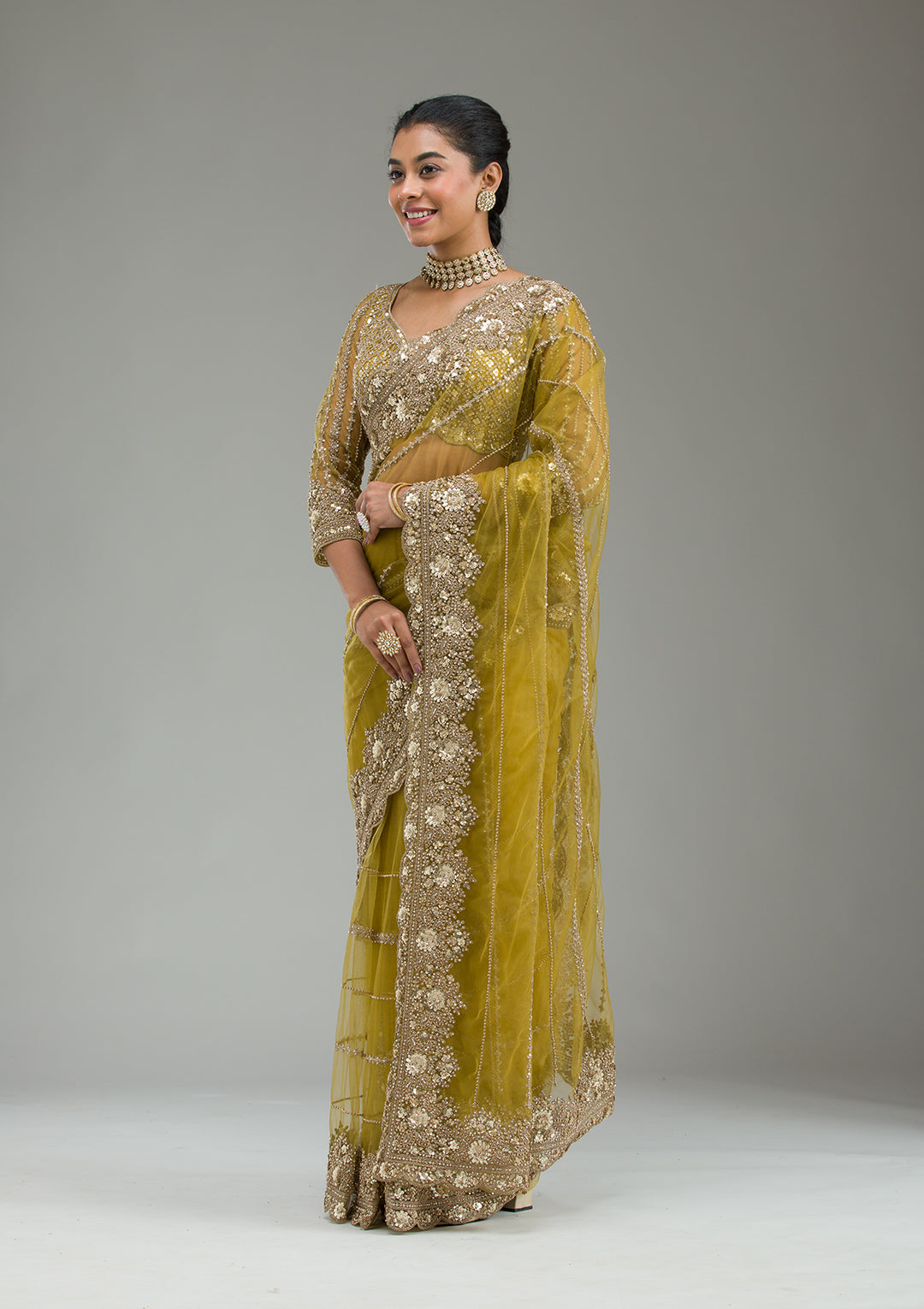 Mehendi Zariwork Tissue Saree