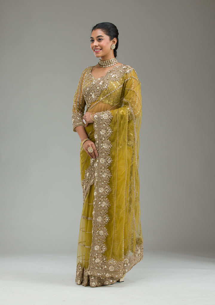Mehendi Zariwork Tissue Saree