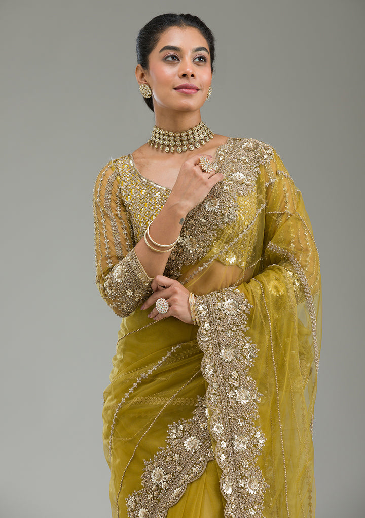 Mehendi Zariwork Tissue Saree