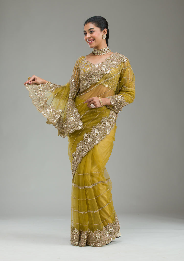 Mehendi Zariwork Tissue Saree