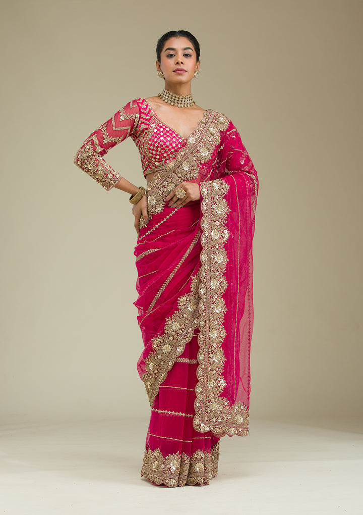 Rani Pink Zariwork Tissue Saree