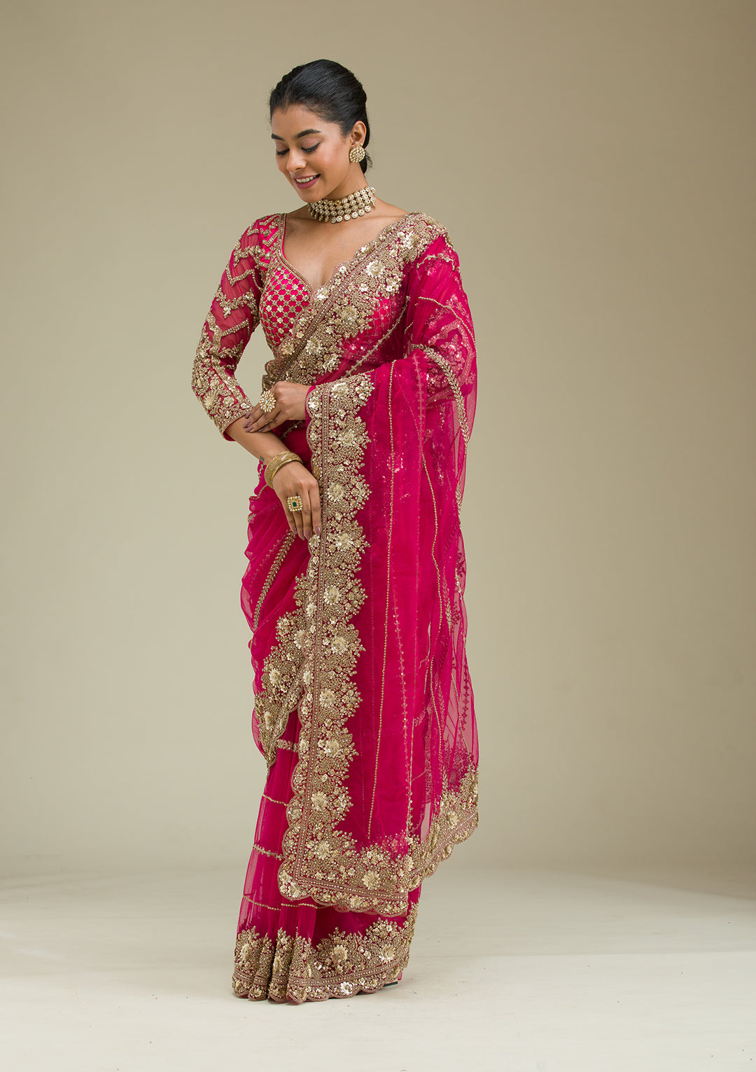 Rani Pink Zariwork Tissue Saree