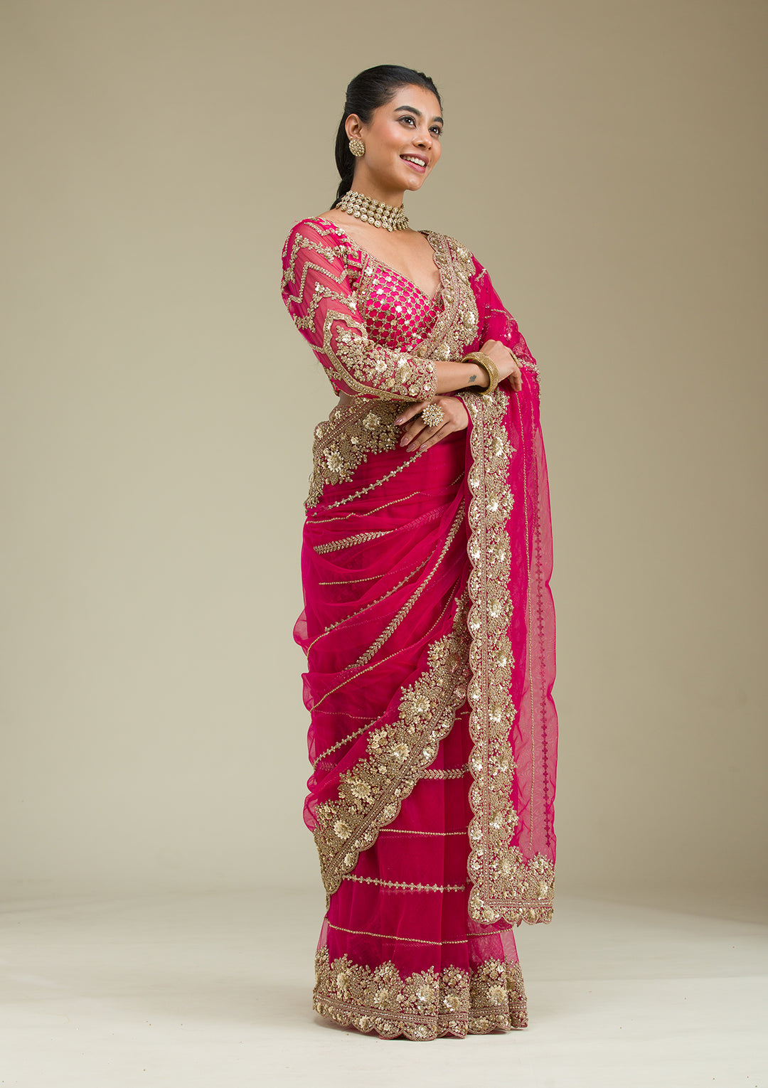 Rani Pink Zariwork Tissue Saree