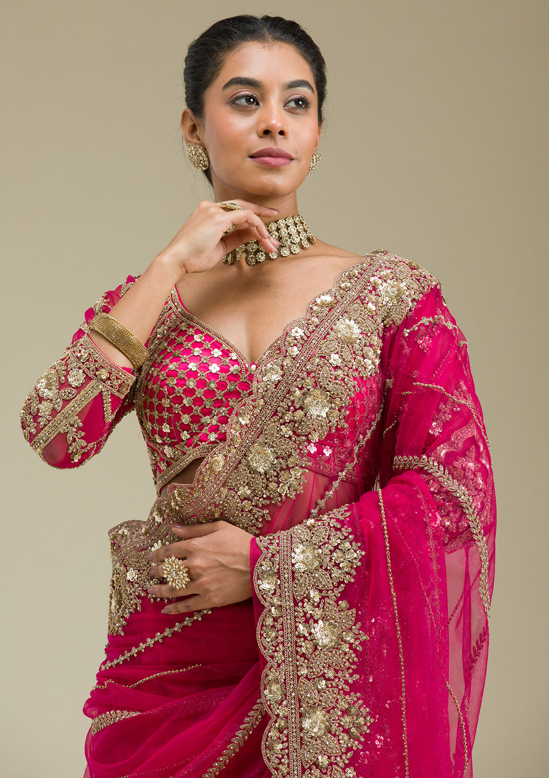 Rani Pink Zariwork Tissue Saree