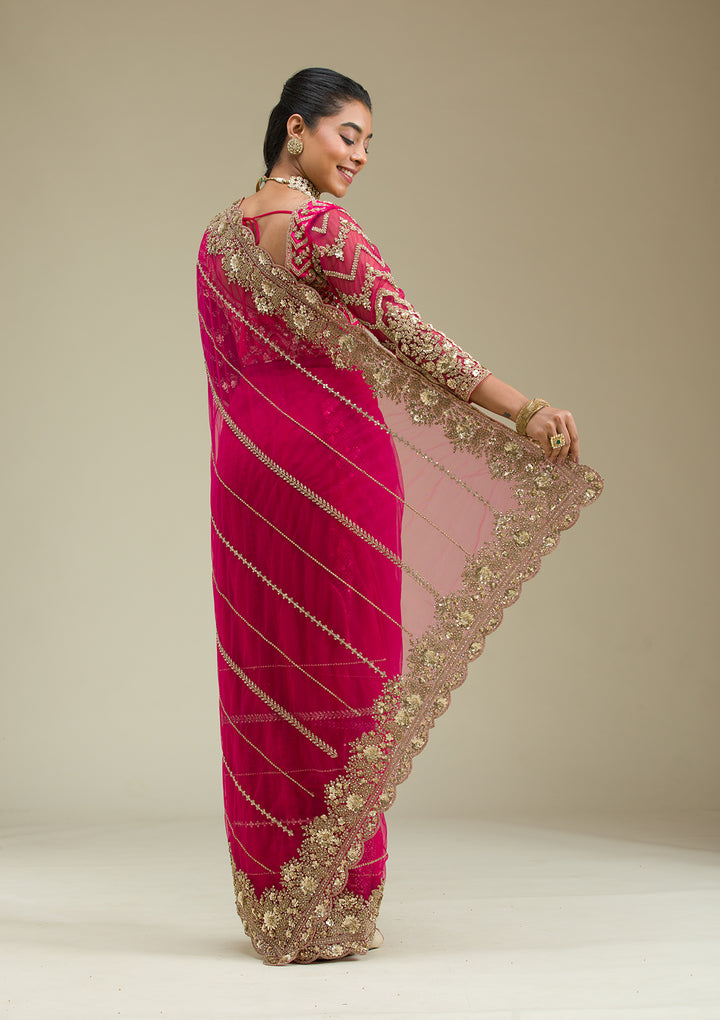 Rani Pink Zariwork Tissue Saree