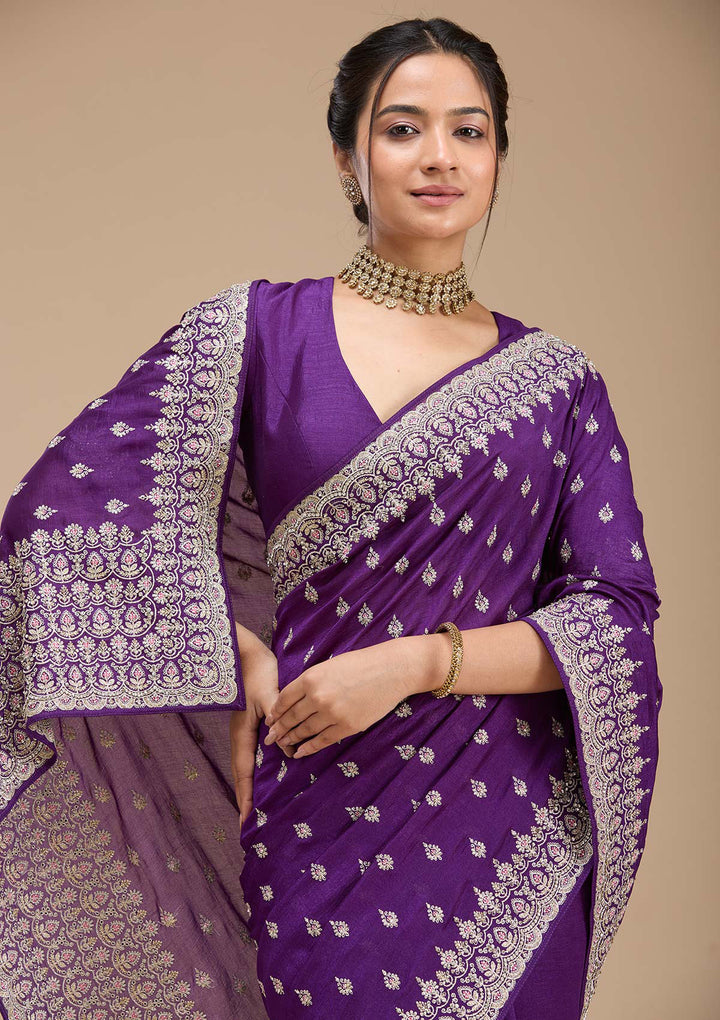 Purple Threadwork Soft Raw Silk Saree