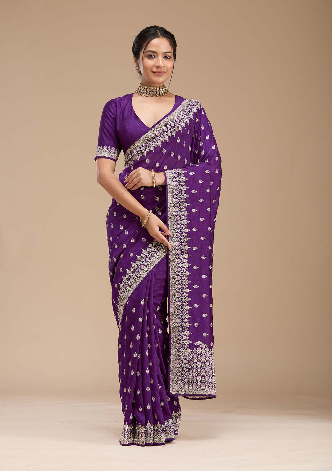 Purple Threadwork Soft Raw Silk Saree
