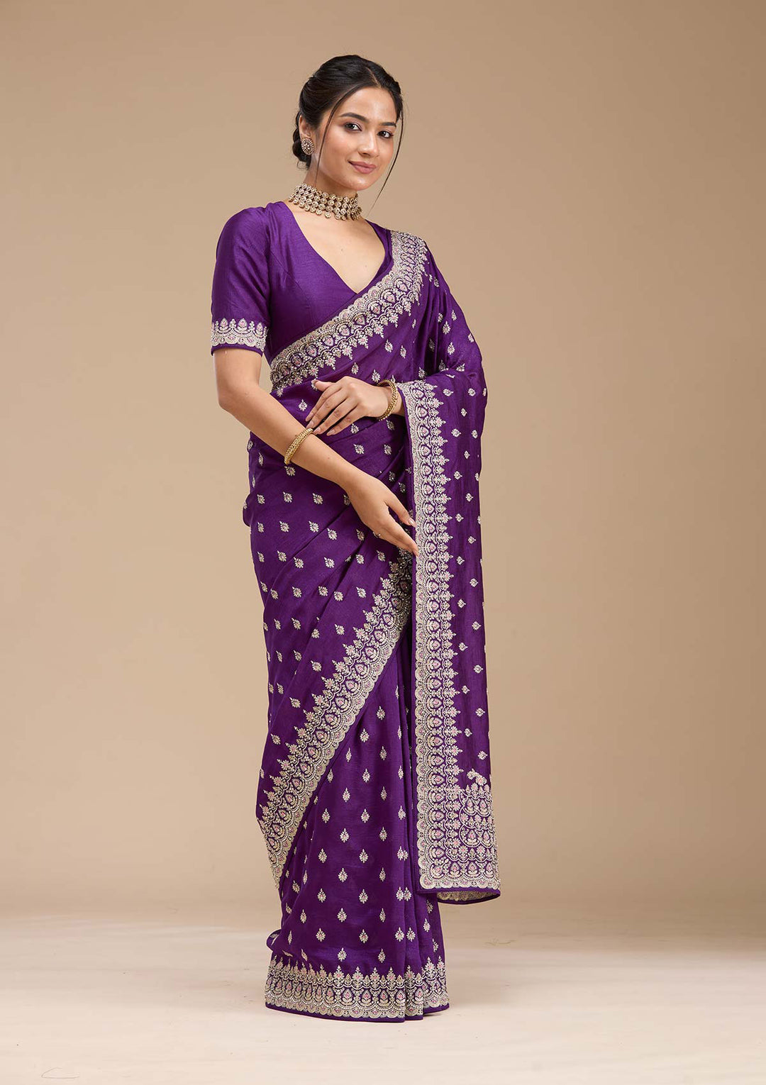 Purple Threadwork Soft Raw Silk Saree