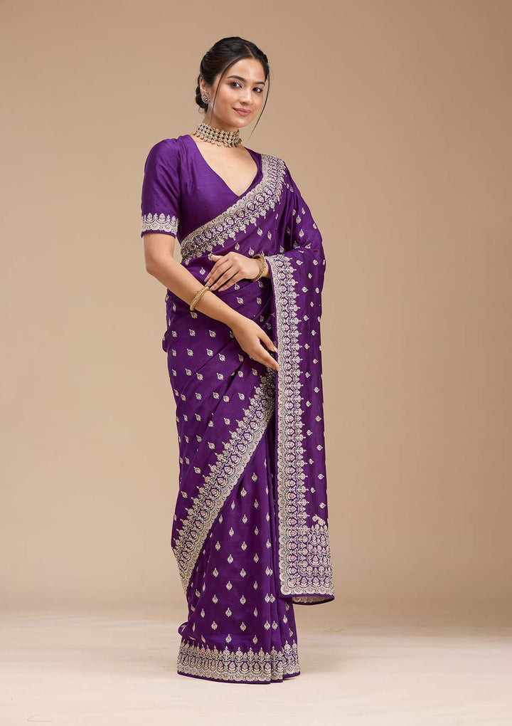Purple Threadwork Soft Raw Silk Saree