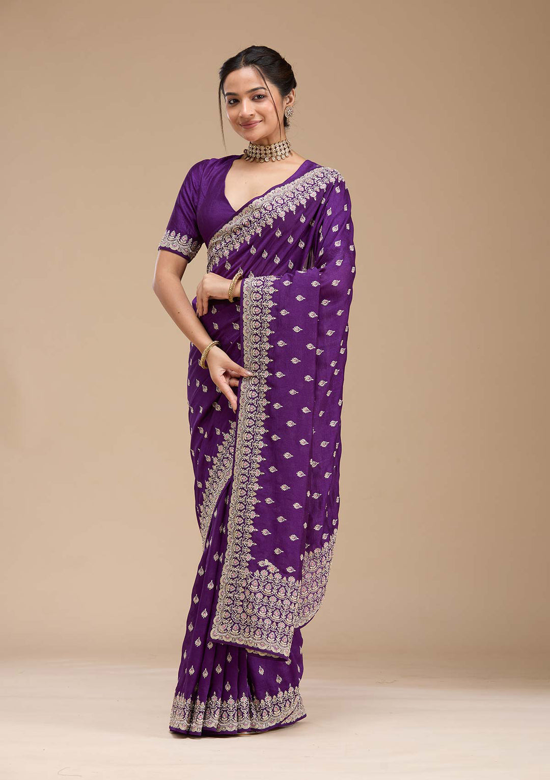 Purple Threadwork Soft Raw Silk Saree