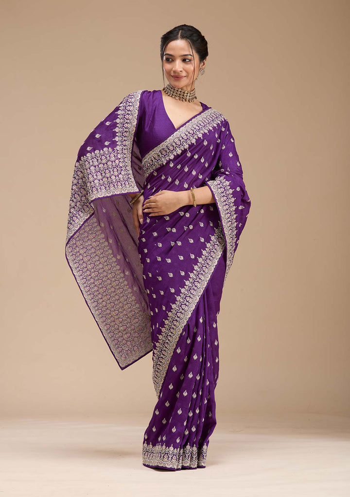 Purple Threadwork Soft Raw Silk Saree