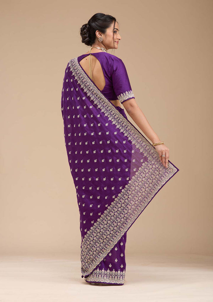 Purple Threadwork Soft Raw Silk Saree