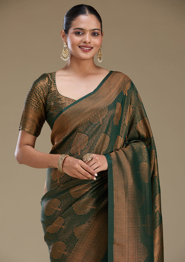 Bottle Green Zariwork Art Silk Saree