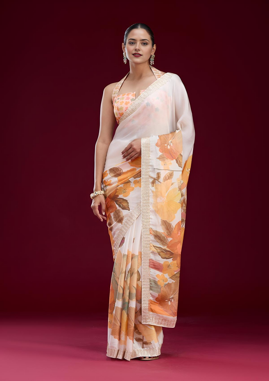 Cream Cutdana Chiffon Saree