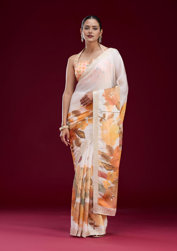 Cream Cutdana Chiffon Saree