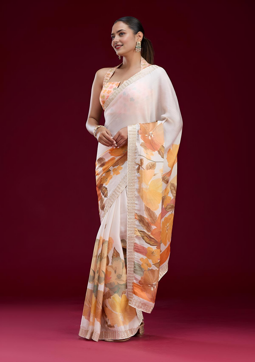 Cream Cutdana Chiffon Saree